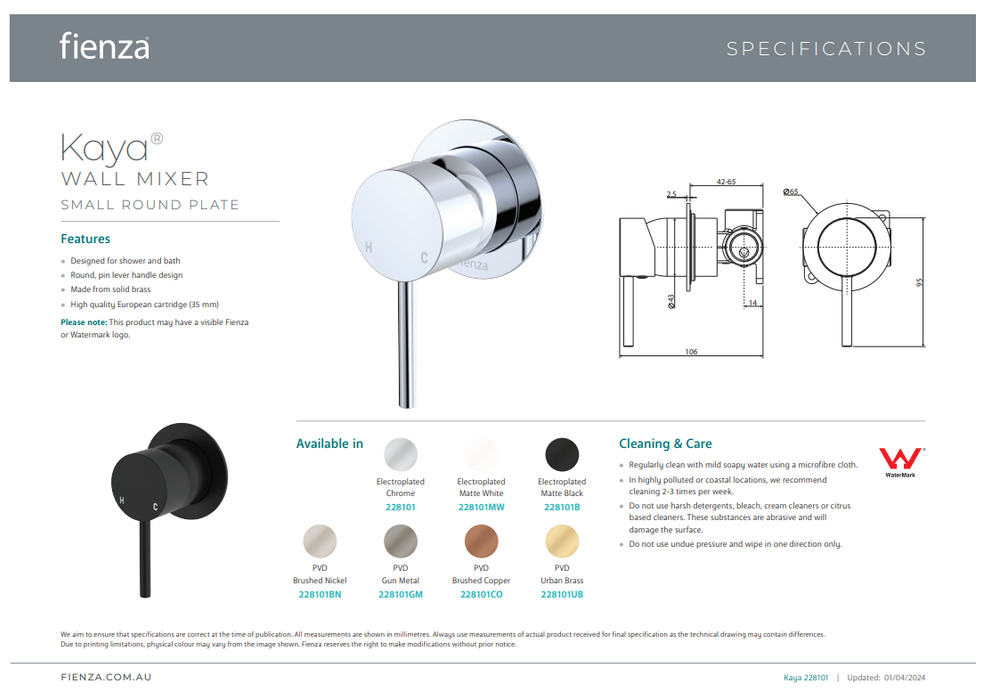 Fienza Kaya Wall Mixer Small Round Plate Gun Metal
