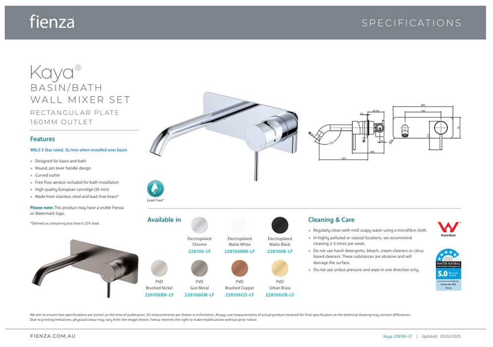 Fienza Kaya Basin/Bath Wall Mixer Set Rectangular Plate 160mm Chrome