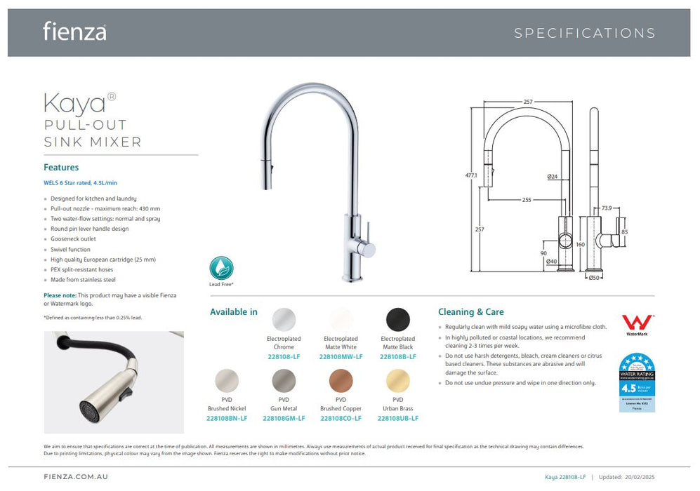 Fienza Kaya Pull Out Sink Mixer Brushed Nickel