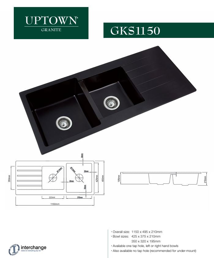 Interchange Granite Double Bowl Sink 1150