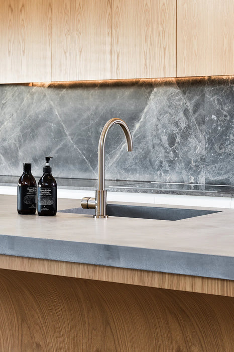 Meir Round Gooseneck Kitchen Mixer Tap with Pinless Handle - Champagne