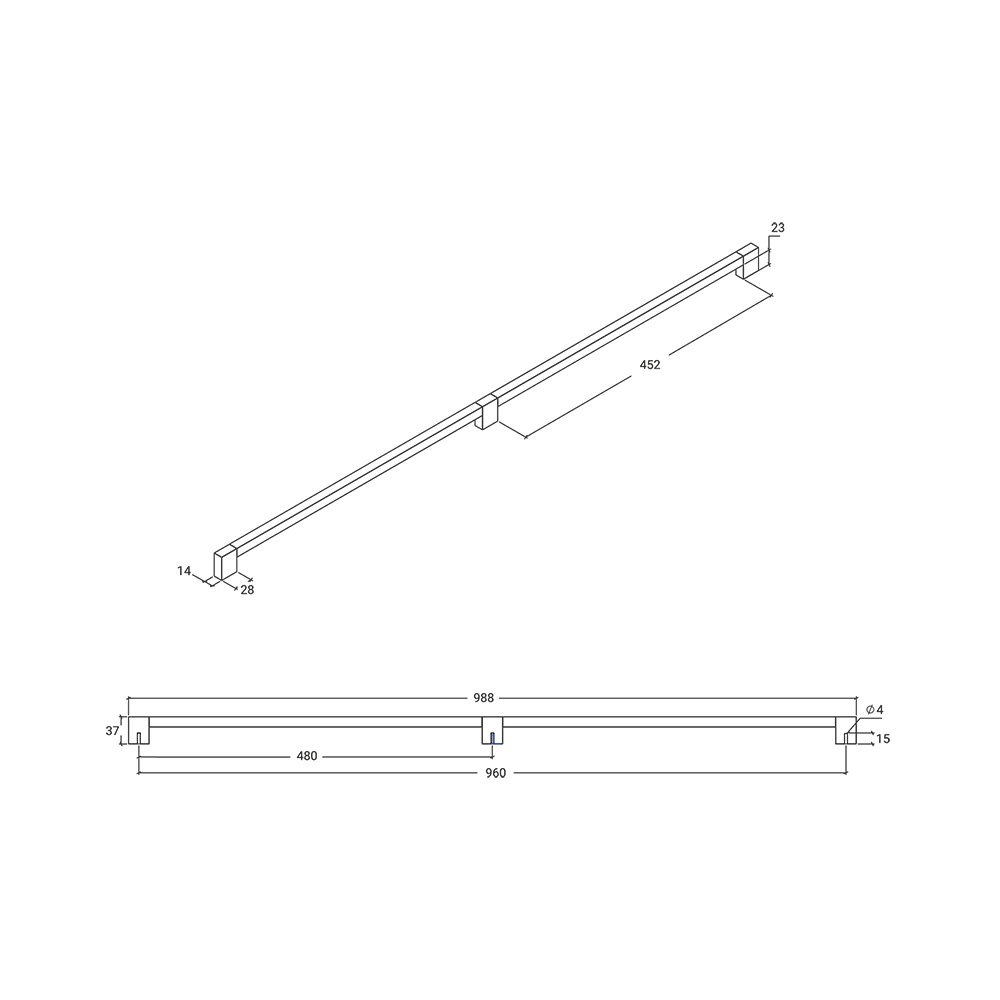 Momo Hako D Handle 960mm - Line Drawing