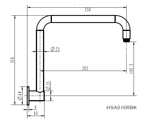 Round High Rise Shower Arm 350mm line drawing