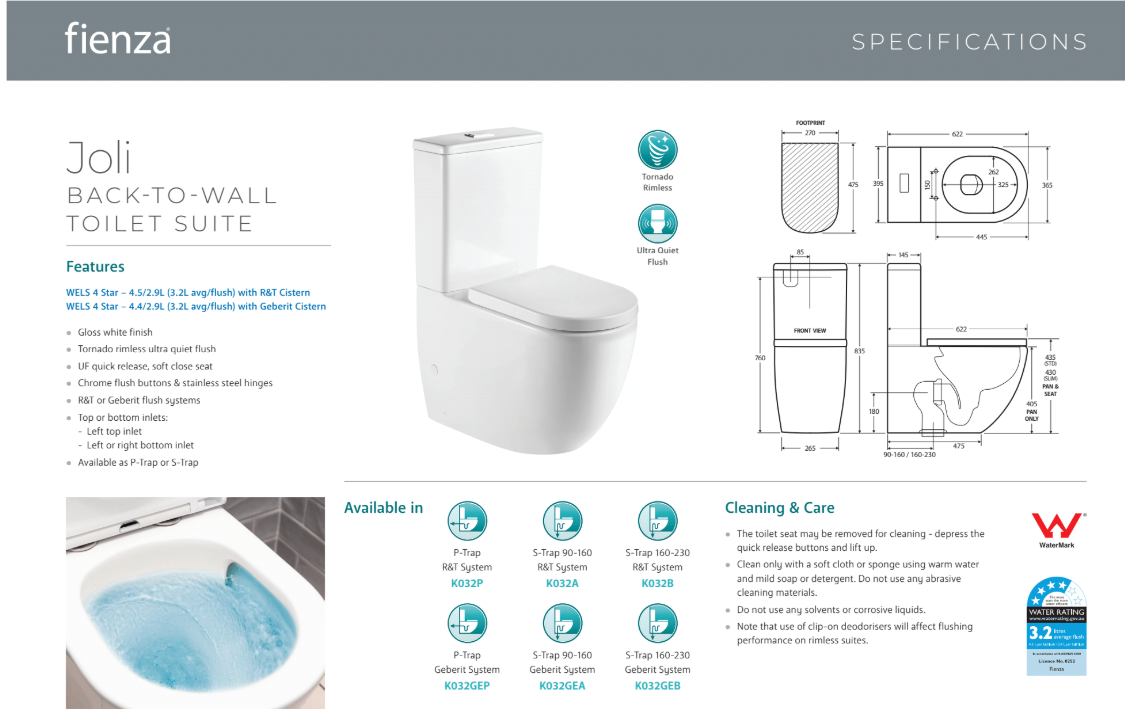 Joli Tornado Flush Back-to-Wall Toilet Suite  - P Trap