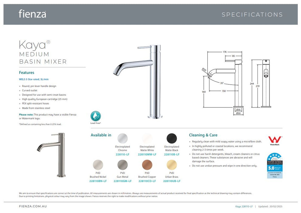 Fienza Kaya Medium Basin Mixer Matte Black