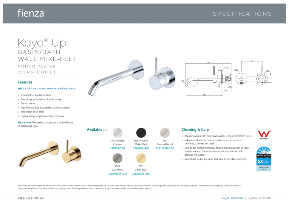 Fienza Kaya Up Wall Basin/Bath Mixer Set 200mm Brushed Nickel