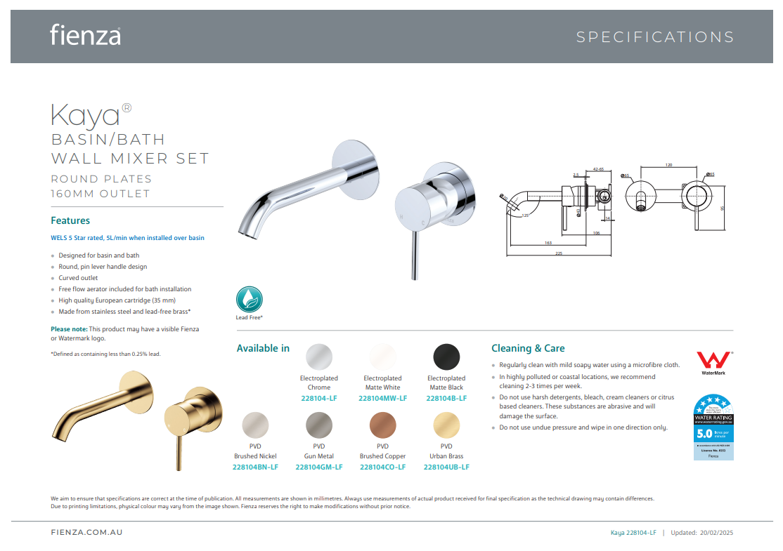 Fienza Kaya Basin/Bath Wall Mixer Set 160mm Chrome