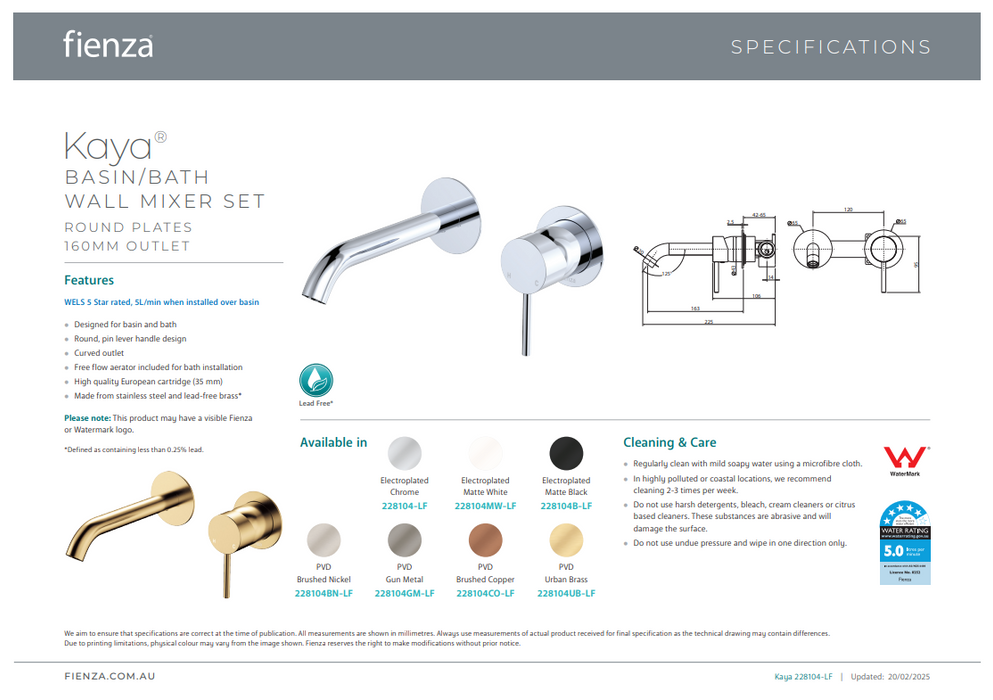 Fienza Kaya Basin/Bath Wall Mixer Set 160mm Matte White