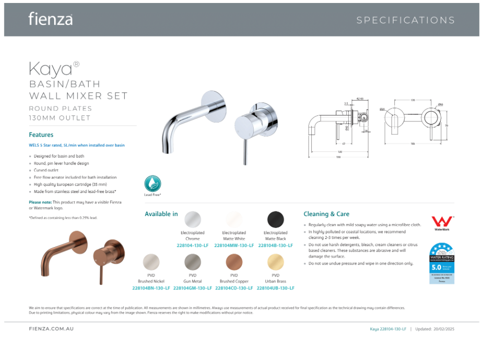 Fienza Kaya Basin/Bath Wall Mixer Set 130mm Matte Black