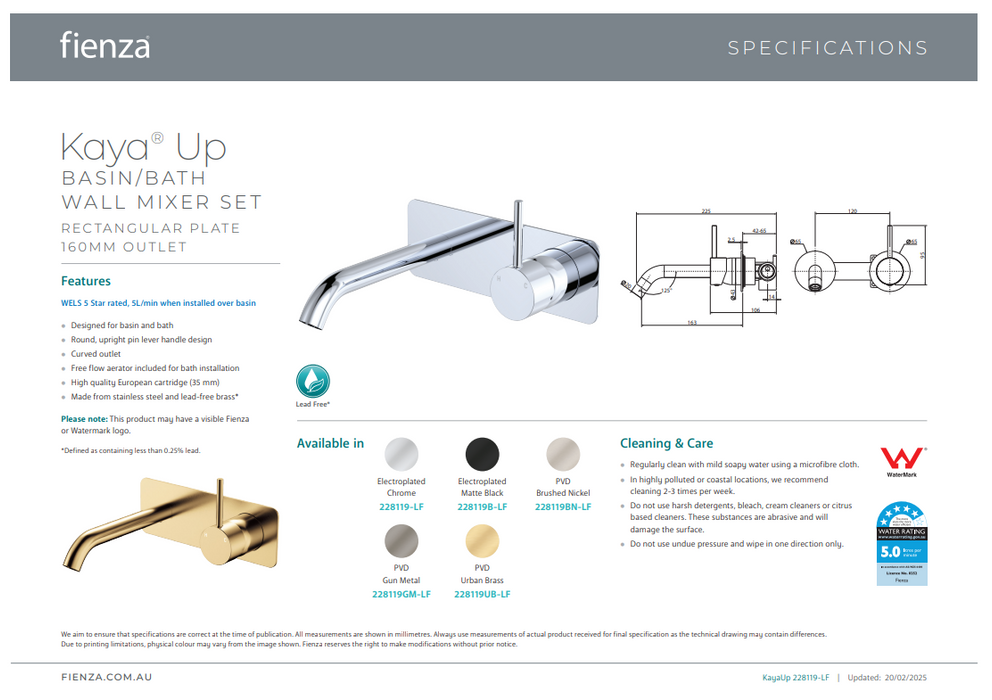 Fienza Kaya Up Basin/Bath Wall Mixer Set Rectangular Plate 160mm Chrome
