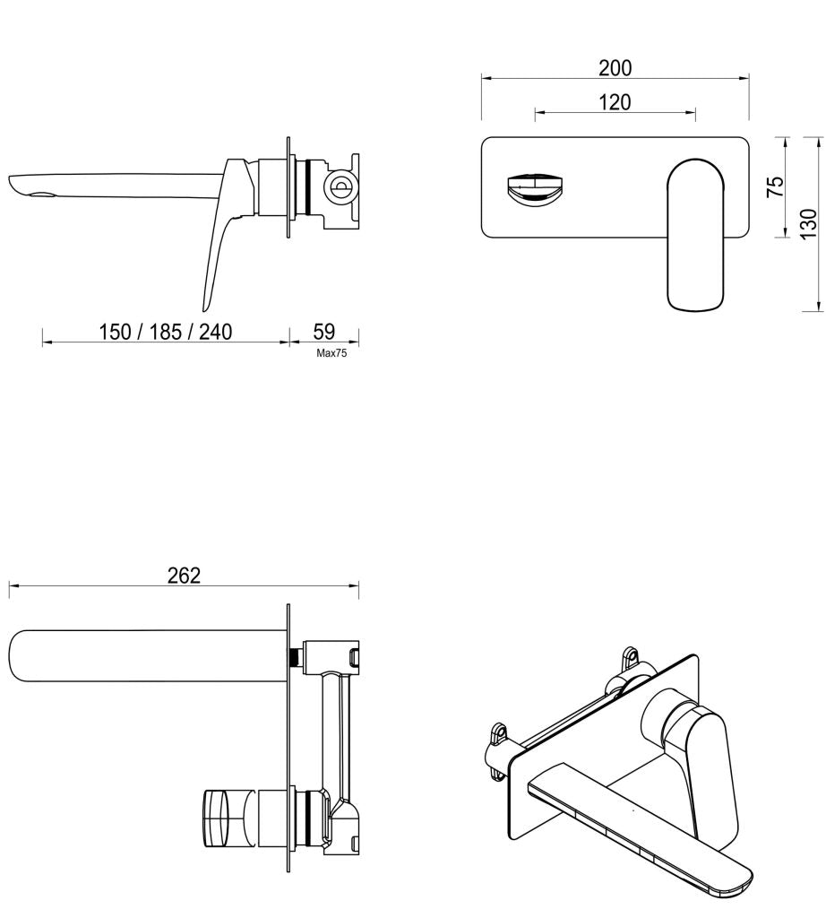 Bella Vista Kaza Wall-Spout Combo - 1P - Trim Kit Only - Chrome - Specifications
