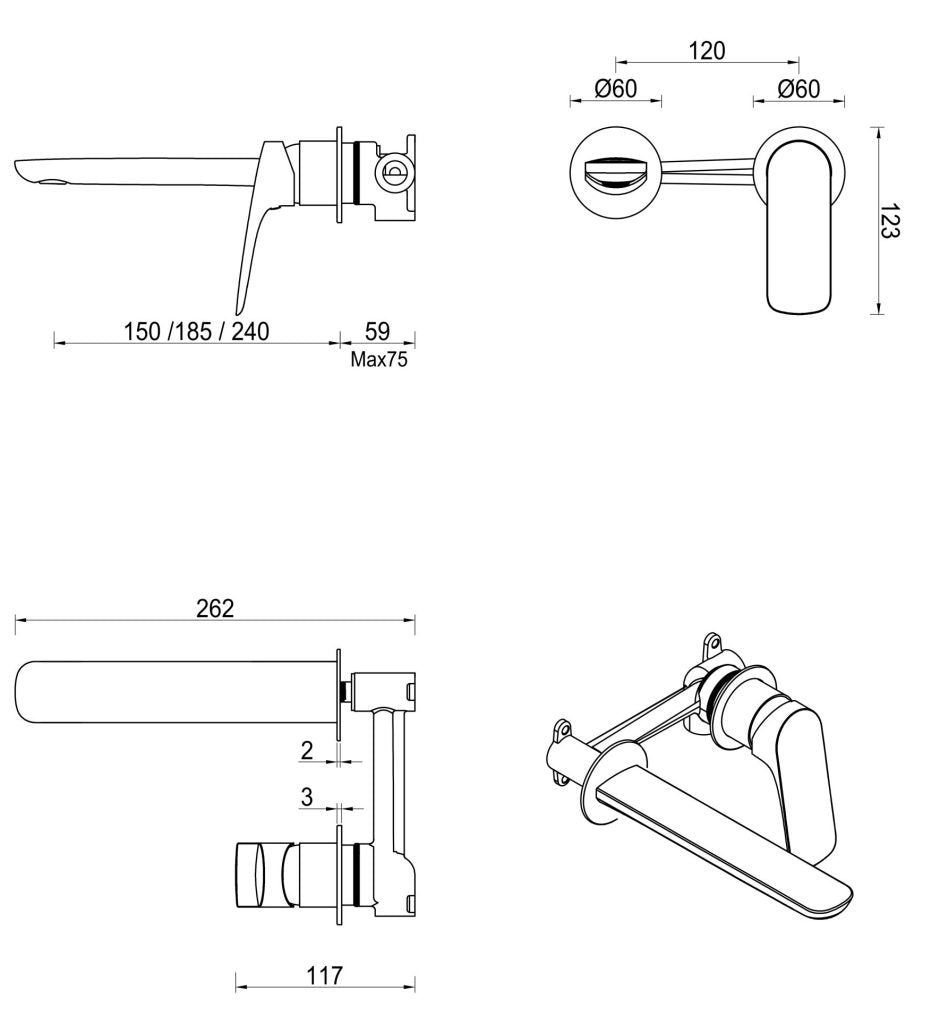 Bella Vista Kaza Wall-Spout Combo - 2P - Trim Kit Only - Chrome - Specifications