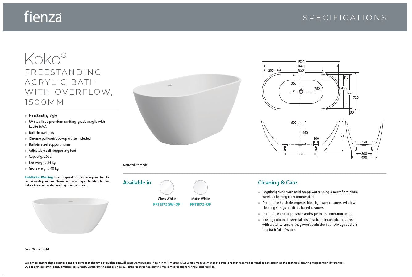 Koko Free Standing Bath 1500 OF Matte White
