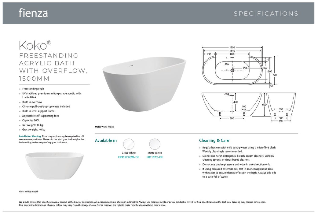 Koko Free Standing Bath 1500 OF Matte White