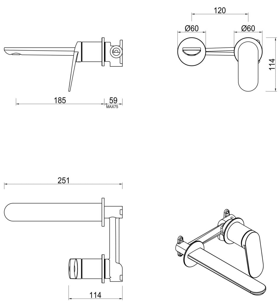 Bella Vista Lantra Wall-Spout Combo - 2P - Trim Kit Only - French Gold - Specifications