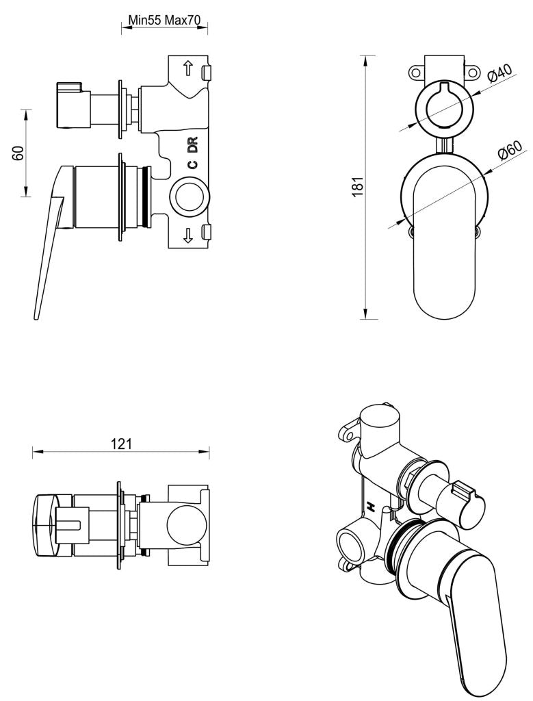Bella Vista Lantra Shower Mixer Diverter - 2P - Trim Kit Only - Brushed Nickel - Specifications