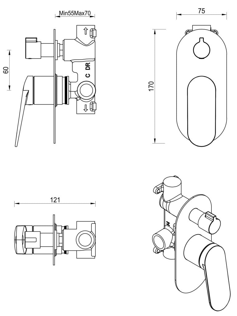 Bella Vista Lantra Shower Mixer Diverter - 1P - Trim Kit Only - Gunmetal - Specifications