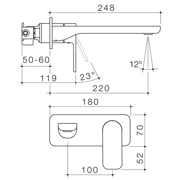 Caroma Luna II Wall Basin/Bath Mixer 220mm technical drawing