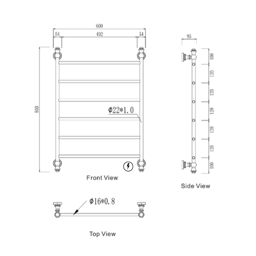 Medoc 6 Bar Heated Towel Rail - Line Drawing