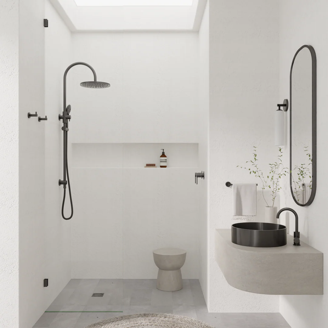 Modern bathroom with shower, sink, and mirror