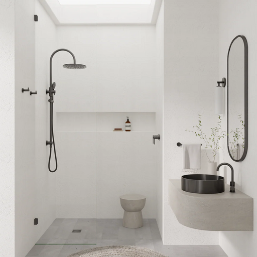 Modern bathroom with shower, sink, and mirror