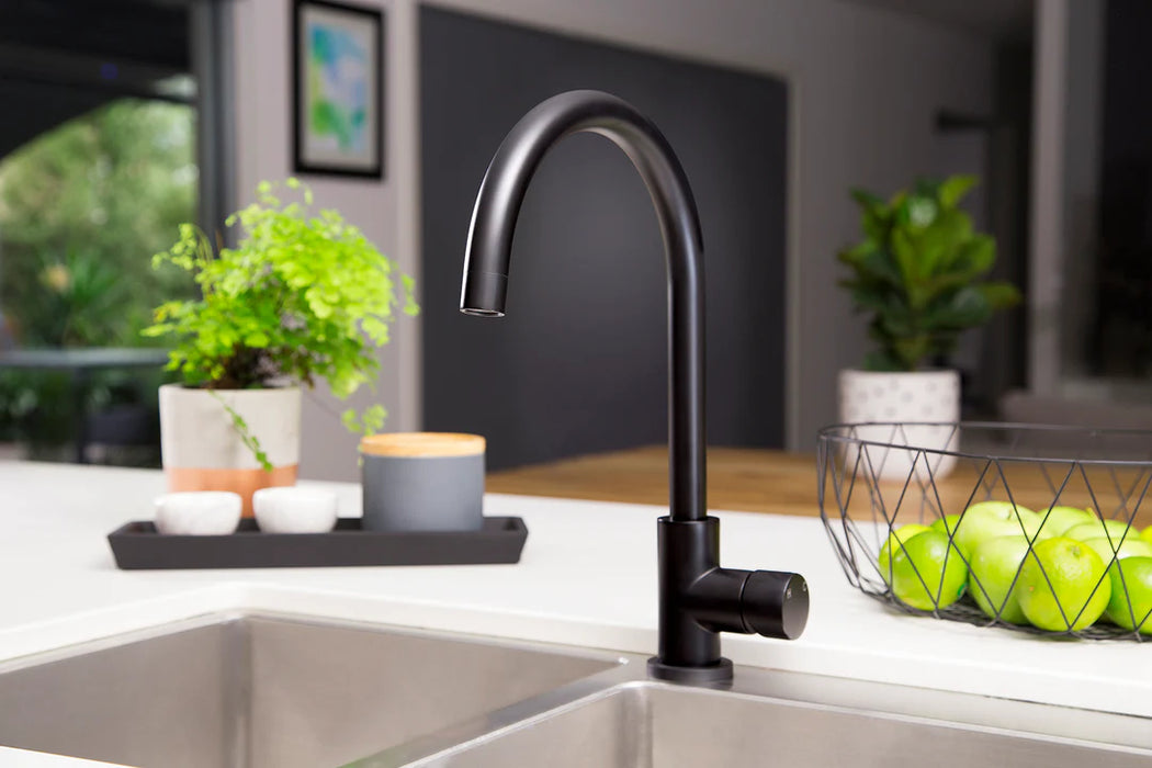 Meir Round Gooseneck Kitchen Mixer Tap with Pinless Handle - Matte Black