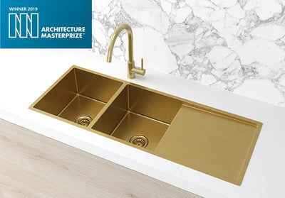 Meir Lavello Kitchen Sink - Double Bowl & Drainboard 1160 x 440 - Brushed Bronze Gold
