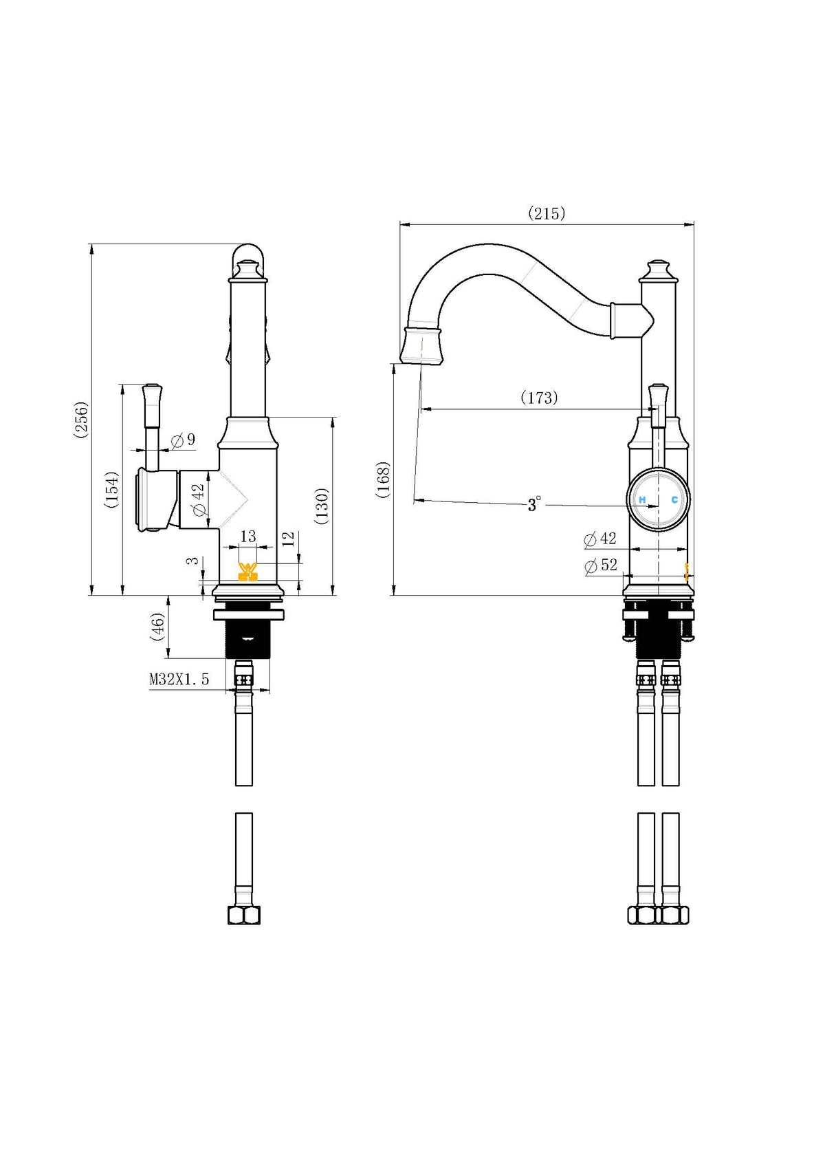 Montpellier Shepherd's Crook High Rise Basin Mixer - Line Drawing