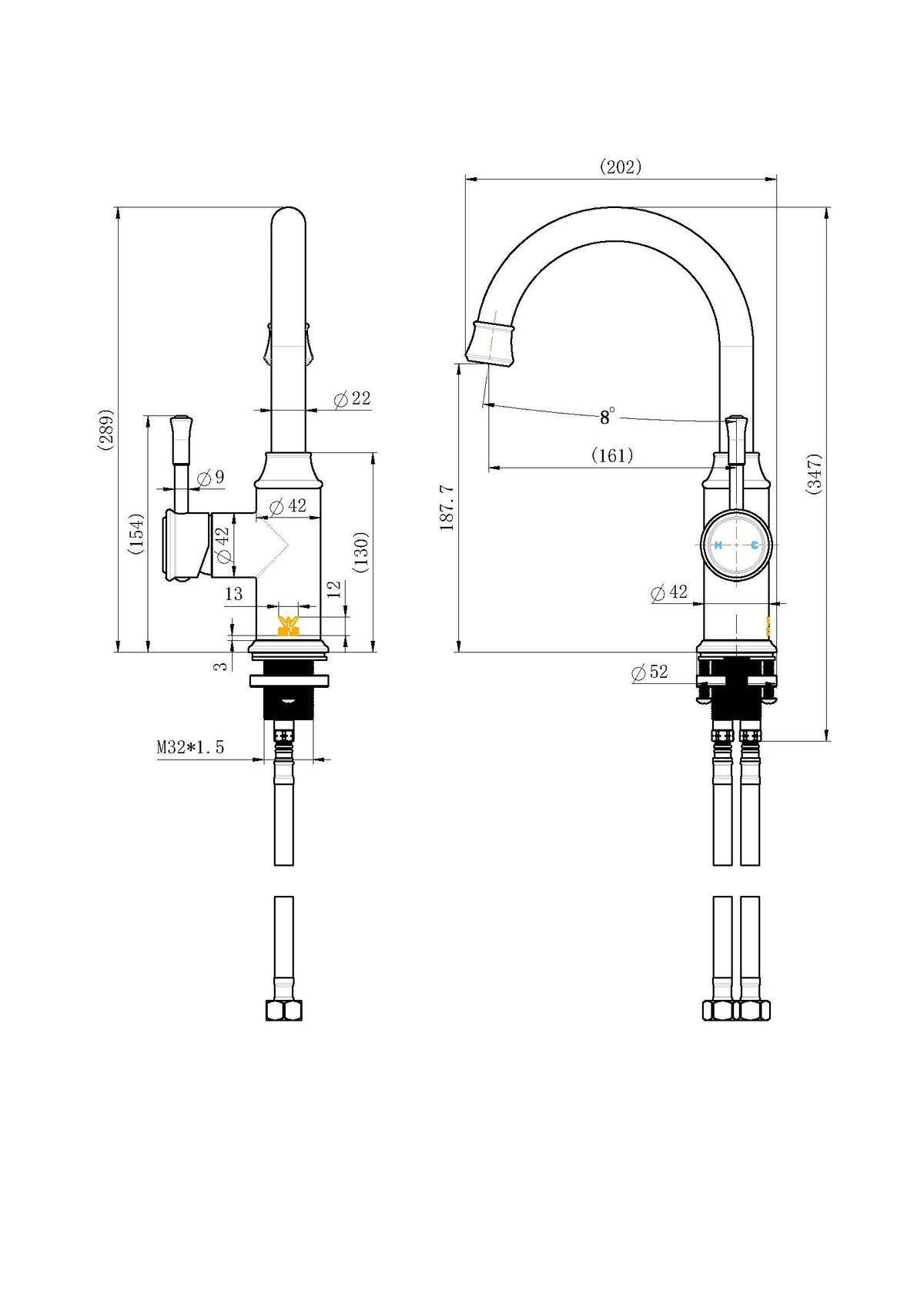 Montpellier Gooseneck High Rise Basin Mixer - Line Drawing