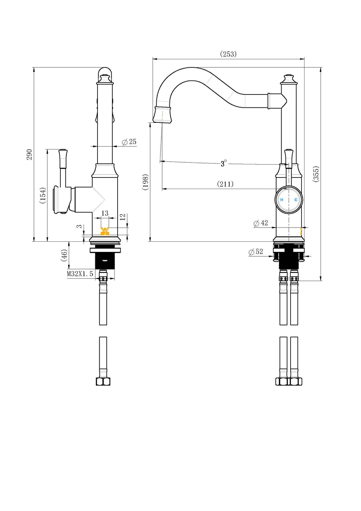 Montpellier Shepherd's Crook Kitchen Mixer - Line Drawing