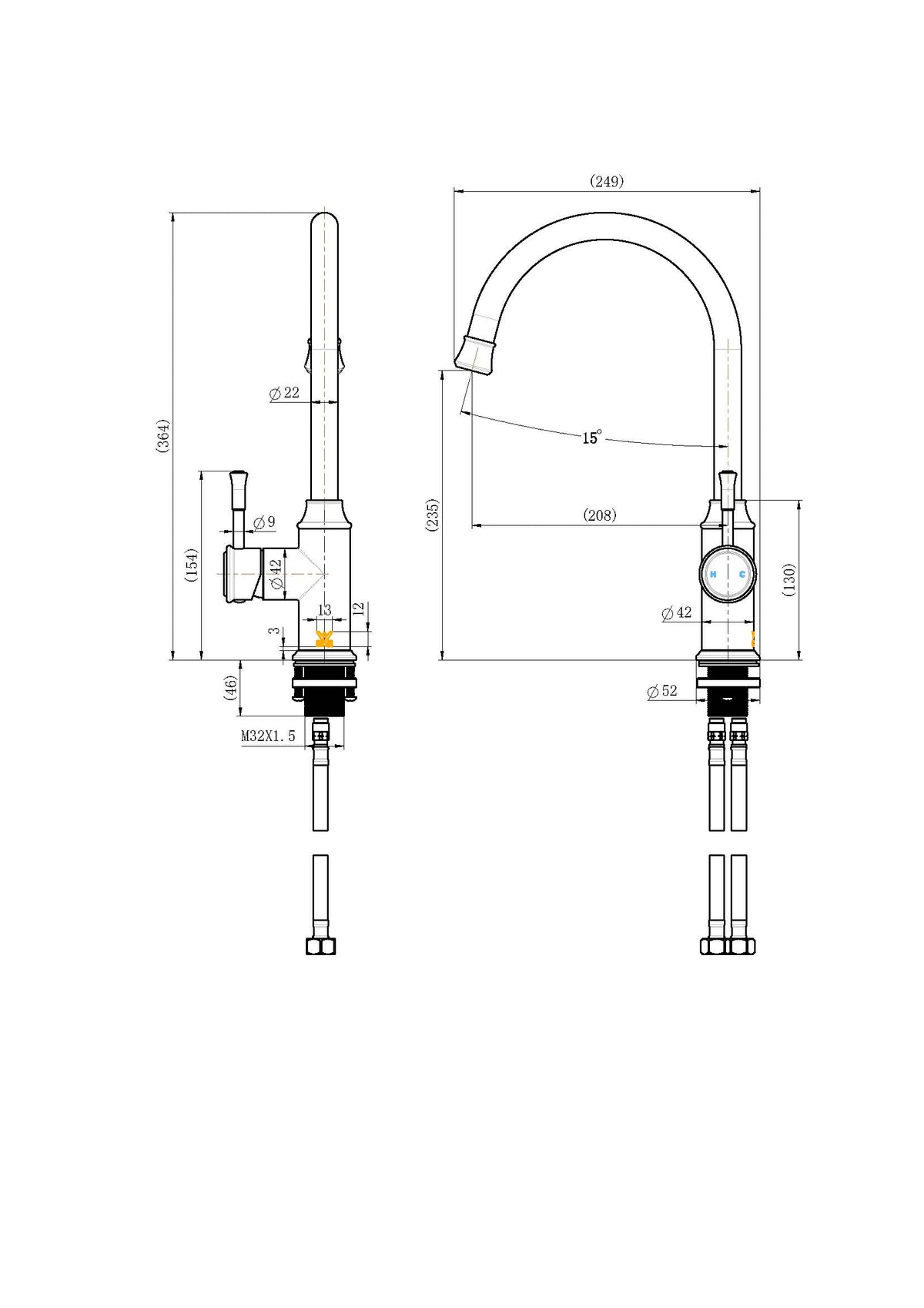 Montpellier Gooseneck Kitchen Mixer - Line Drawing