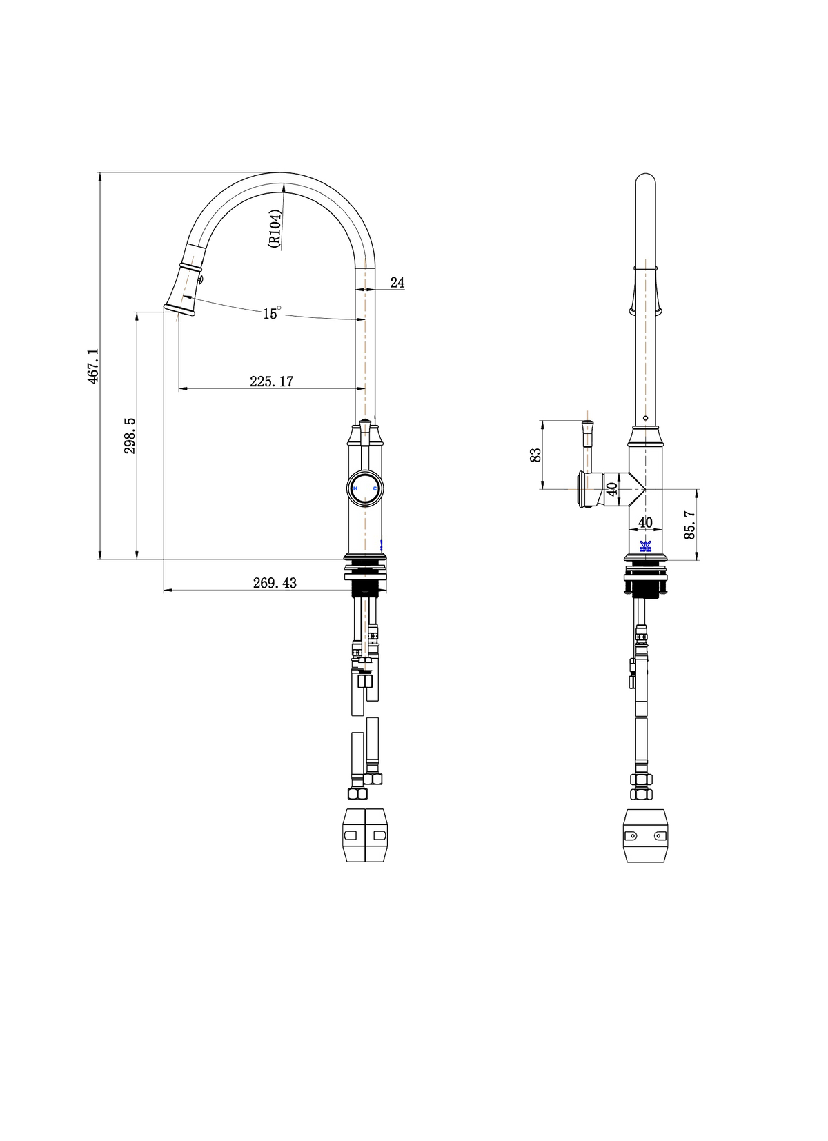 Montpellier Pull-Out Kitchen Mixer - Line Drawing