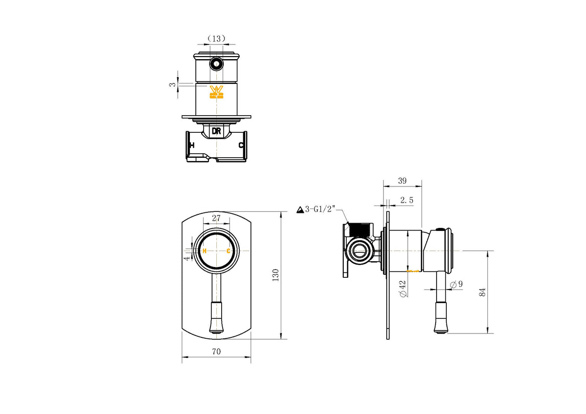 Montpellier Shower Mixer - Line Drawing