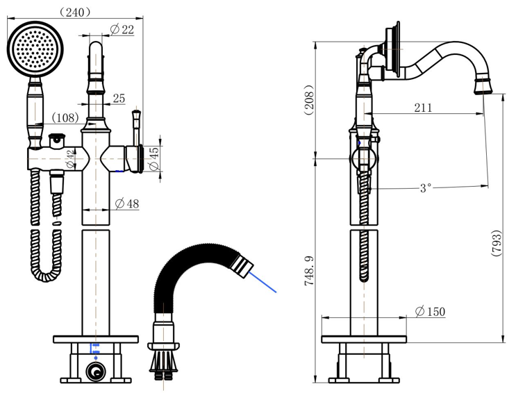 Montpellier Freestanding Bath Mixer with Hand Shower - Line Drawing