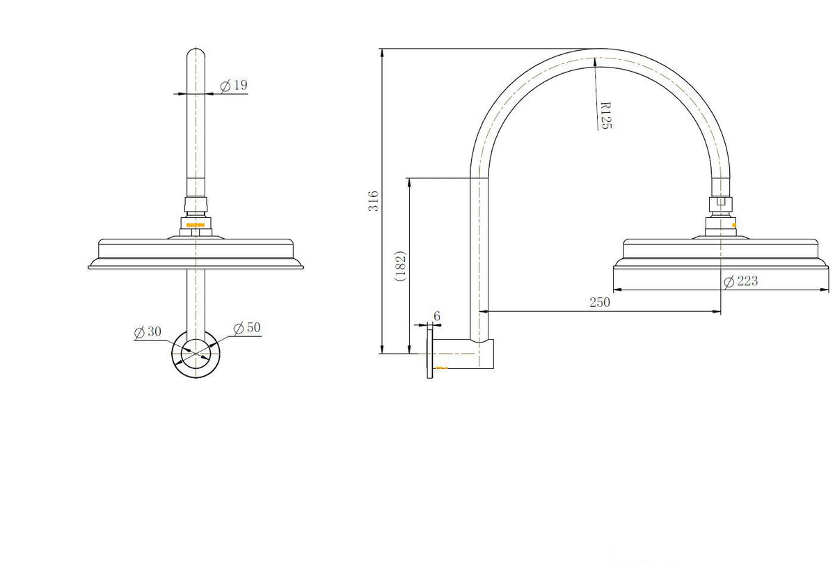 Montpellier Shower Arm With Shower Head - Line Drawing