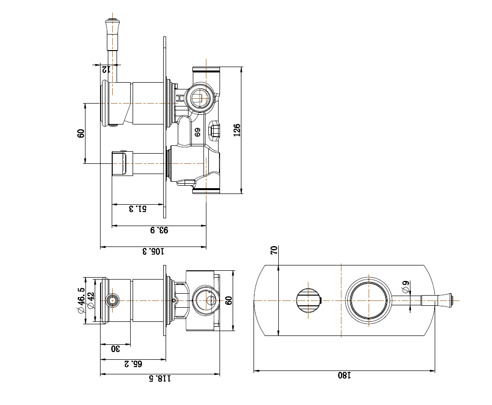 Montpellier Shower Diverter Mixer - Line Drawing