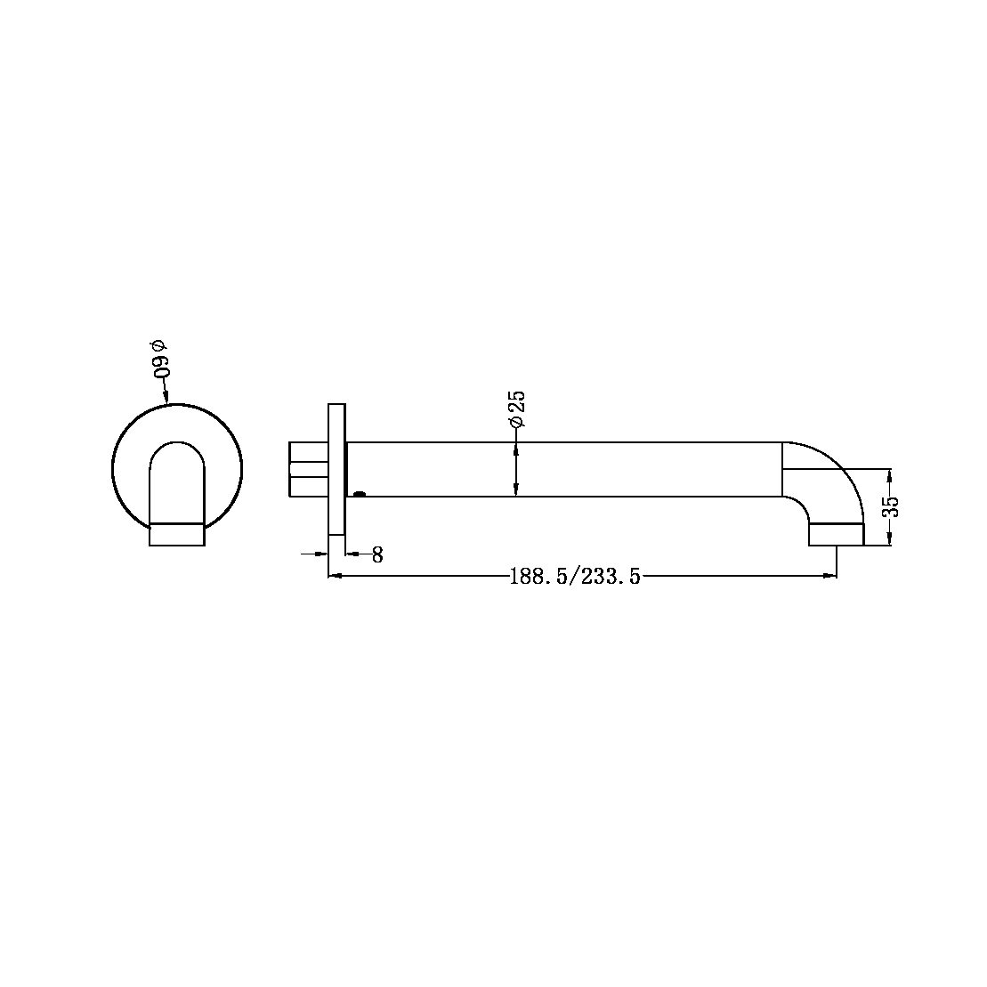 Nero Zen SS316L Wall Basin/Bath Spout Only 185/230mm Brushed Nickel