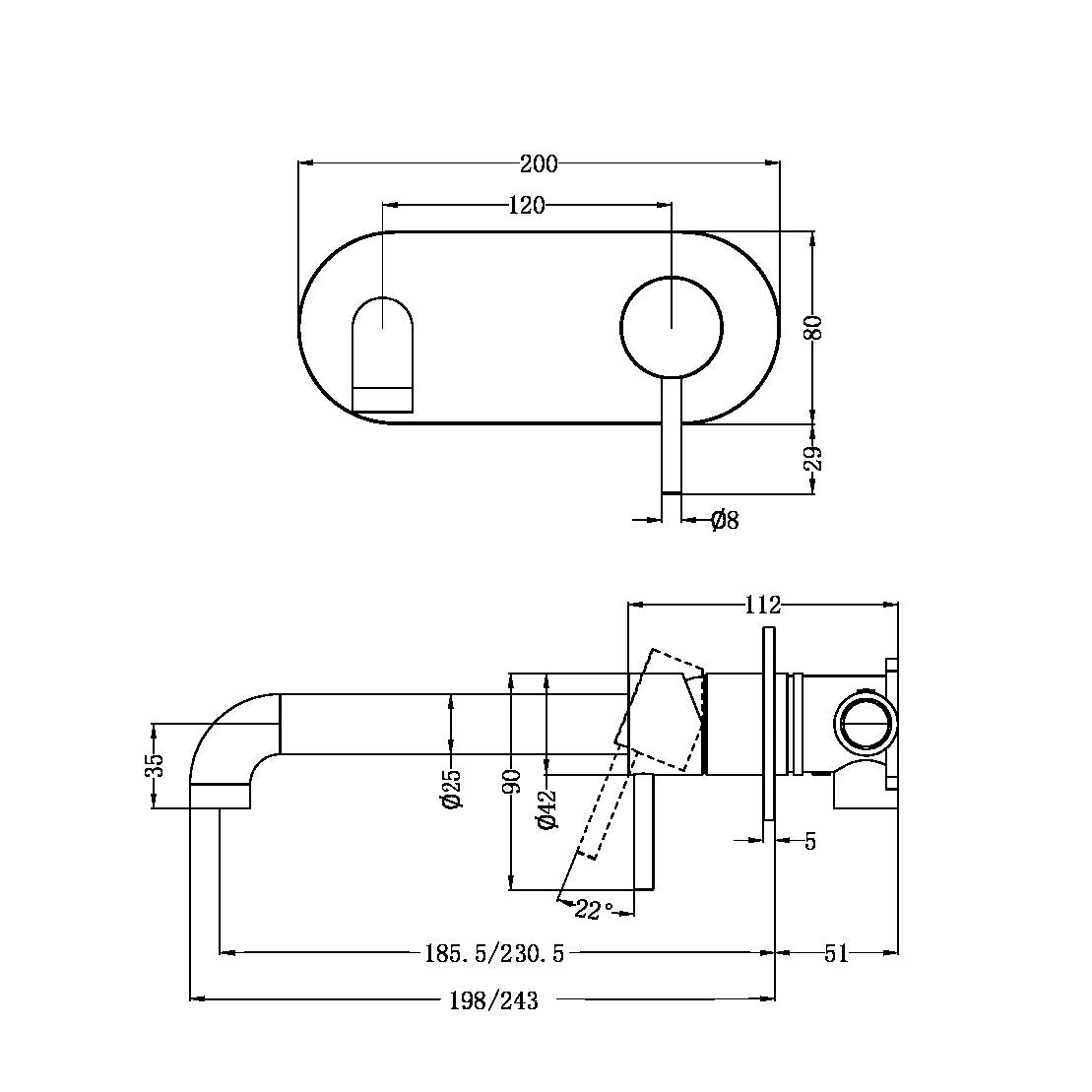 Nero Zen SS316L Wall Basin/Bath Mixer Set 185/230mm Spout Brushed NIckel