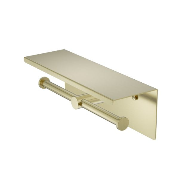 Nero Mecca Double Toilet Roll Holder With Shelf Brushed Gold