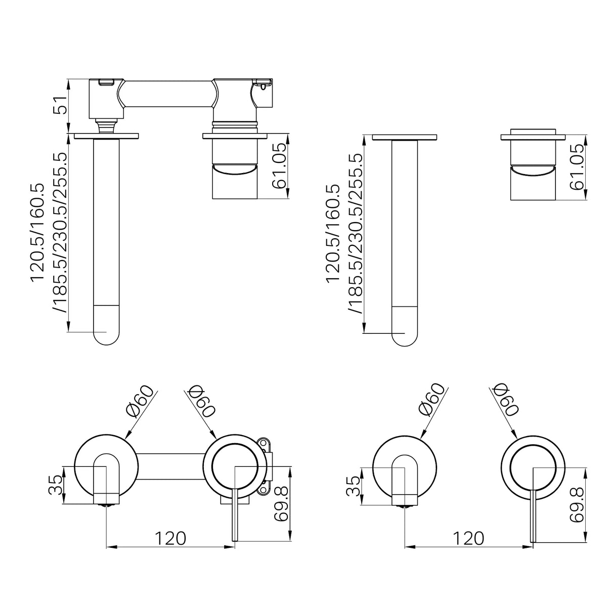Mecca Wall Basin/Bath Mixer Separate Back Plate 185mm Trim Kit Only Gun Metal