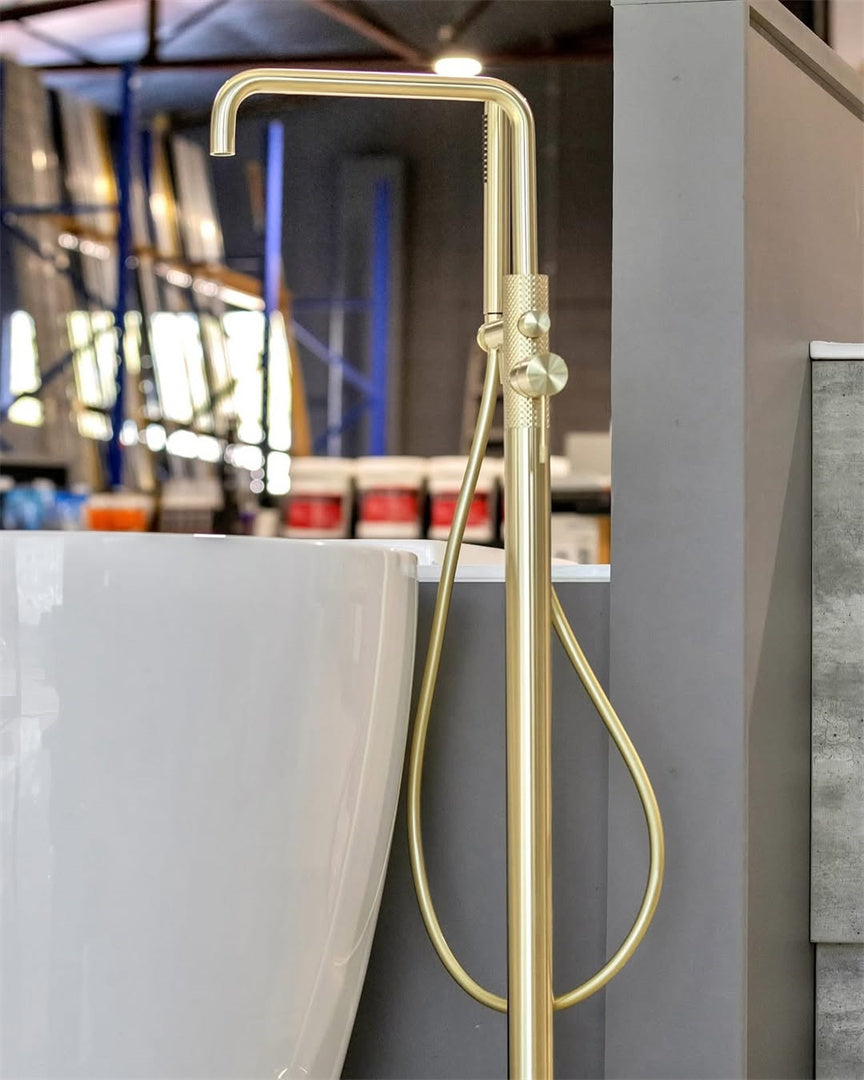 Nero Opal Freestanding Bath Filler With Handshower Brushed Gold