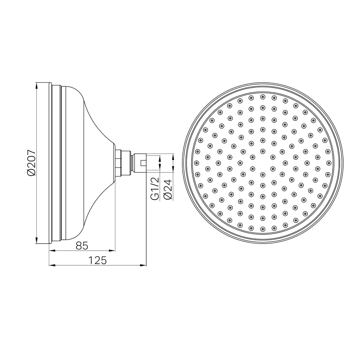 Nero York 200mm Shower Head technical drawing