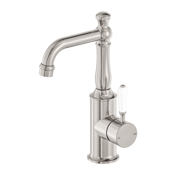 Nero York Basin Mixer with White Porcelain Lever - Brushed Nickel