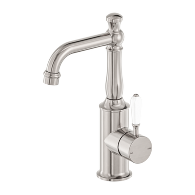Nero York Basin Mixer with White Porcelain Lever - Brushed Nickel