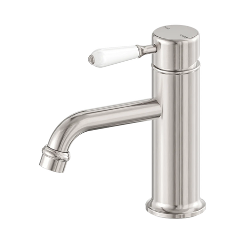 Nero York Straight Basin Mixer With White Porcelain Lever - Brushed Nickel