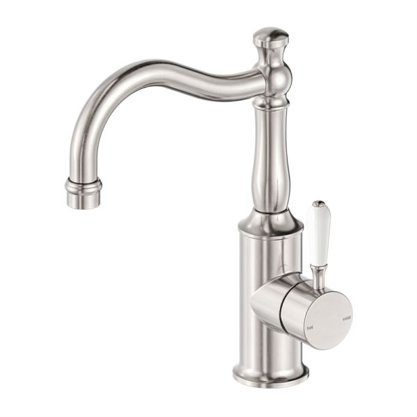 Nero York Basin Mixer Hook Spout with White Porcelain Lever - Brushed Nickel