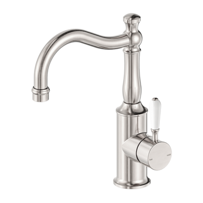 Nero York Basin Mixer Hook Spout with White Porcelain Lever - Brushed Nickel
