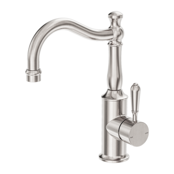 Nero York Basin Mixer Hook Spout with Metal Lever - Brushed Nickel