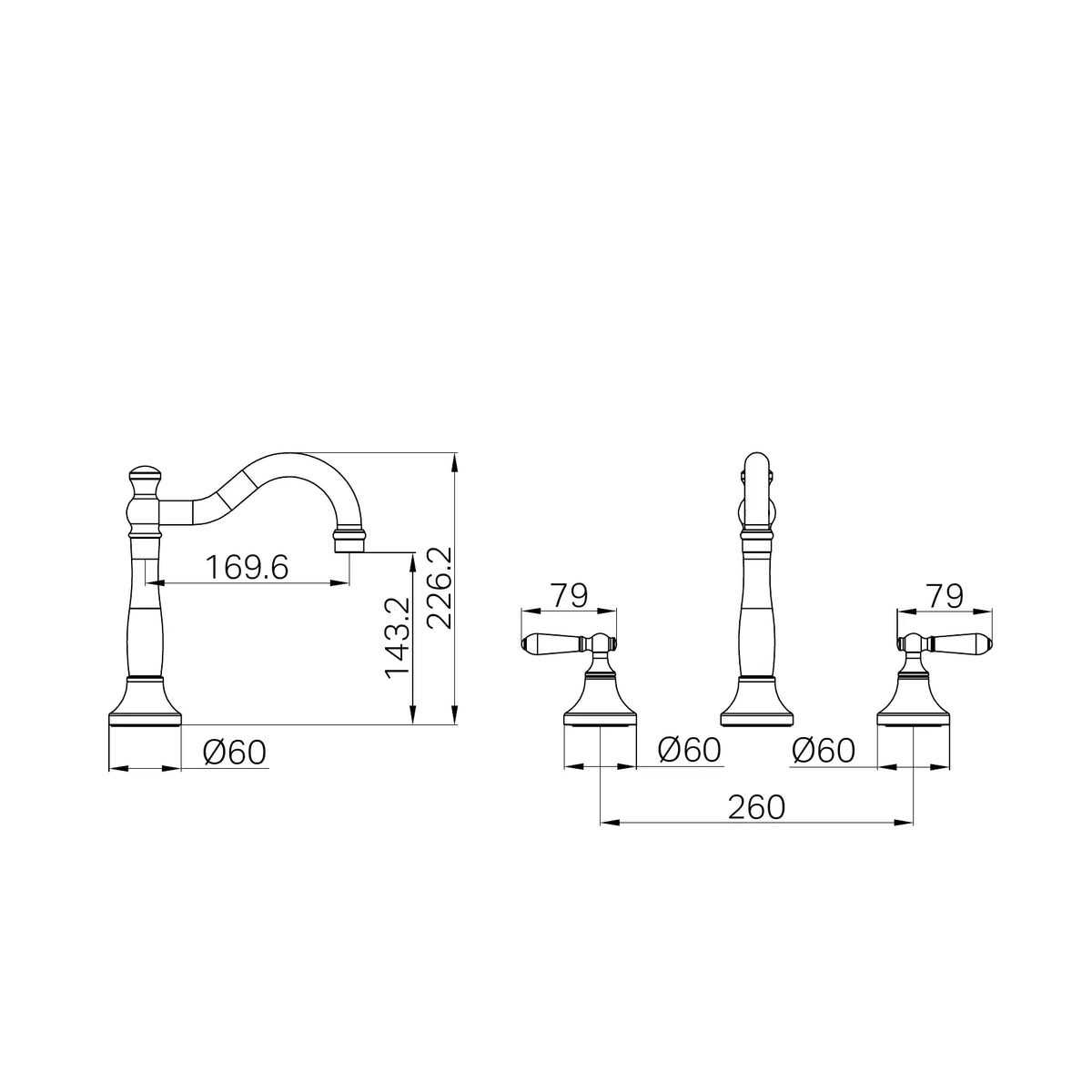 Nero York Basin Set With Metal Lever technical drawing