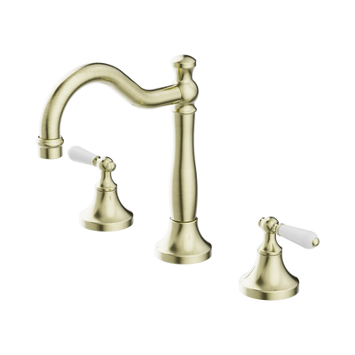 Nero York Basin Set With White Porcelain Lever - Aged Brass
